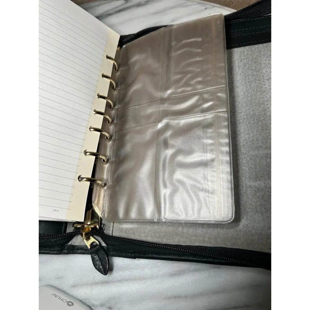 Black Genuine Leather Zip Around 7 Ring Binder Planner Organizer Portfolio VTG